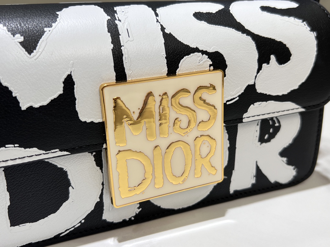 Miss Dior Flap Bag Black and White Miss Dior Graffiti Printed Calfskin